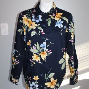 Alfred Dunner Navy Beaded Lightweight Floral Button Front Jacket size 12
